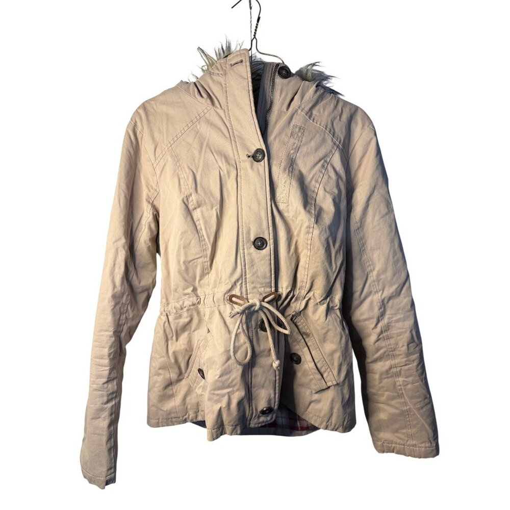 VTG Hollister Womens Parka Jacket Khaki Winter‎ Coat Faux Fur Y2K Bella Swan L